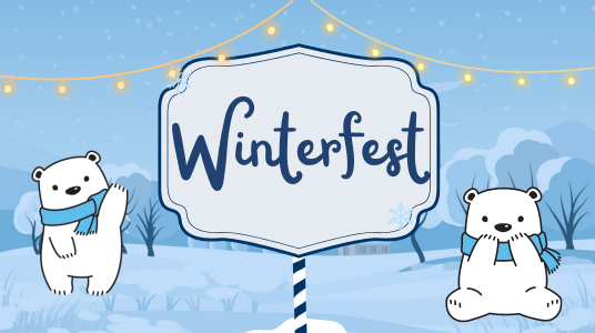 Winterfest event graphic with light blue background, two polar bears, twinkling holiday lights