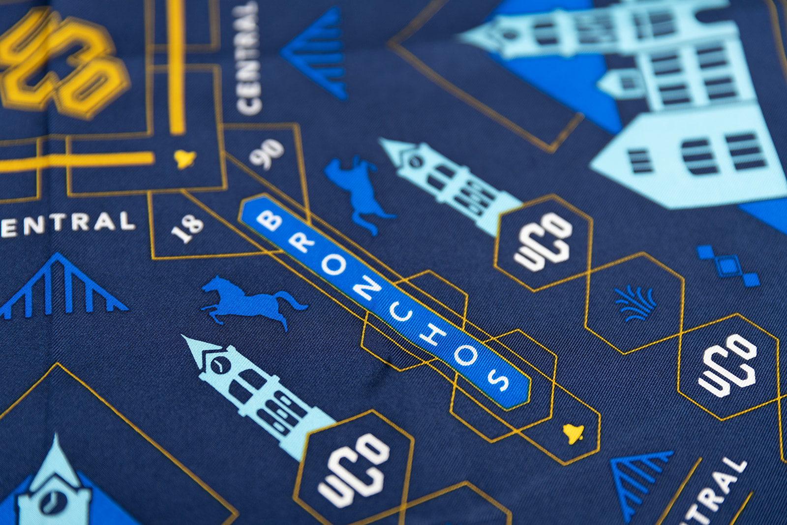Close up photo of UCO-branded scarf