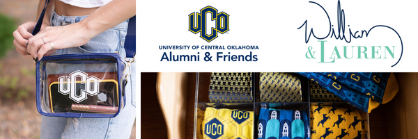 Web header for UCO and William and Lauren partnership featuring pictures of a stadium bag, neckties and socks.