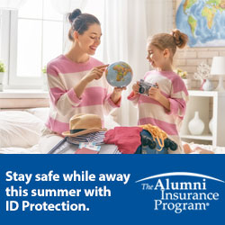 Stay safe while away this summer with ID protection, the Alumni Insurance Program, mother and daughter looking at globe